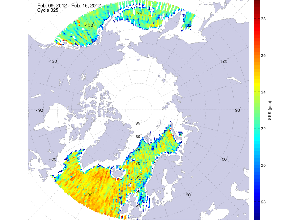 Sea surface salinity maps of the northern hemisphere ocean, week ofFebruary 9-16, 2012.