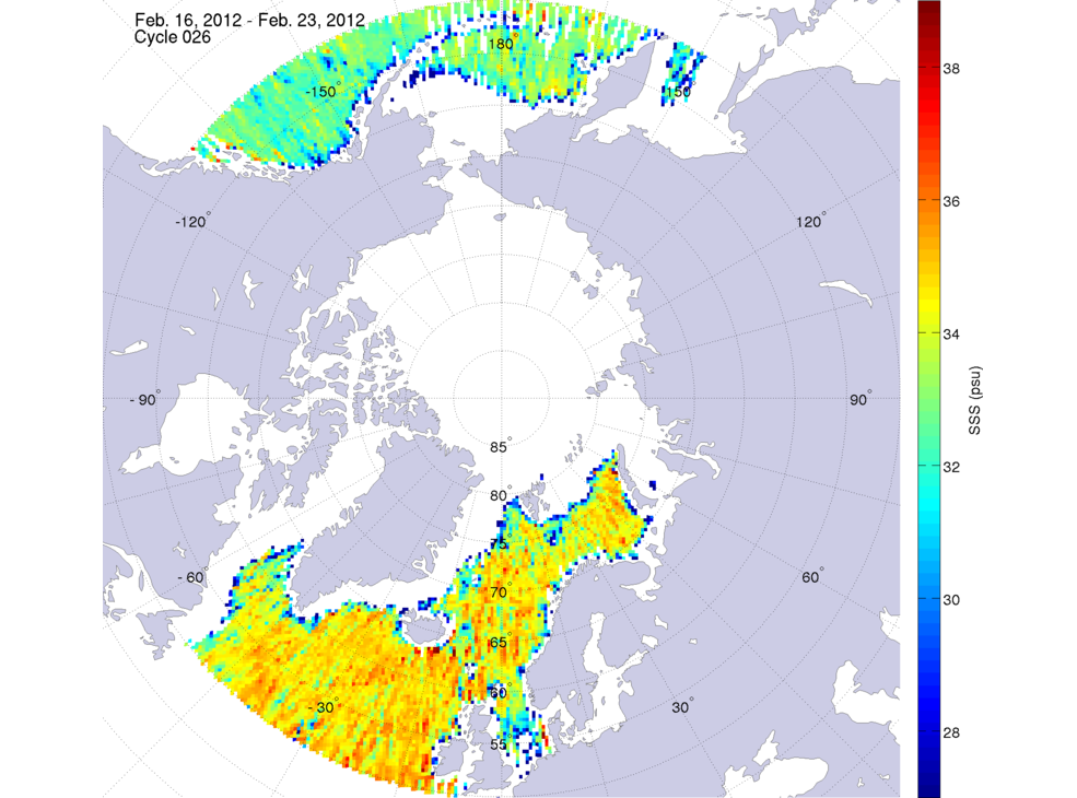 Sea surface salinity maps of the northern hemisphere ocean, week ofFebruary 16-23, 2012.