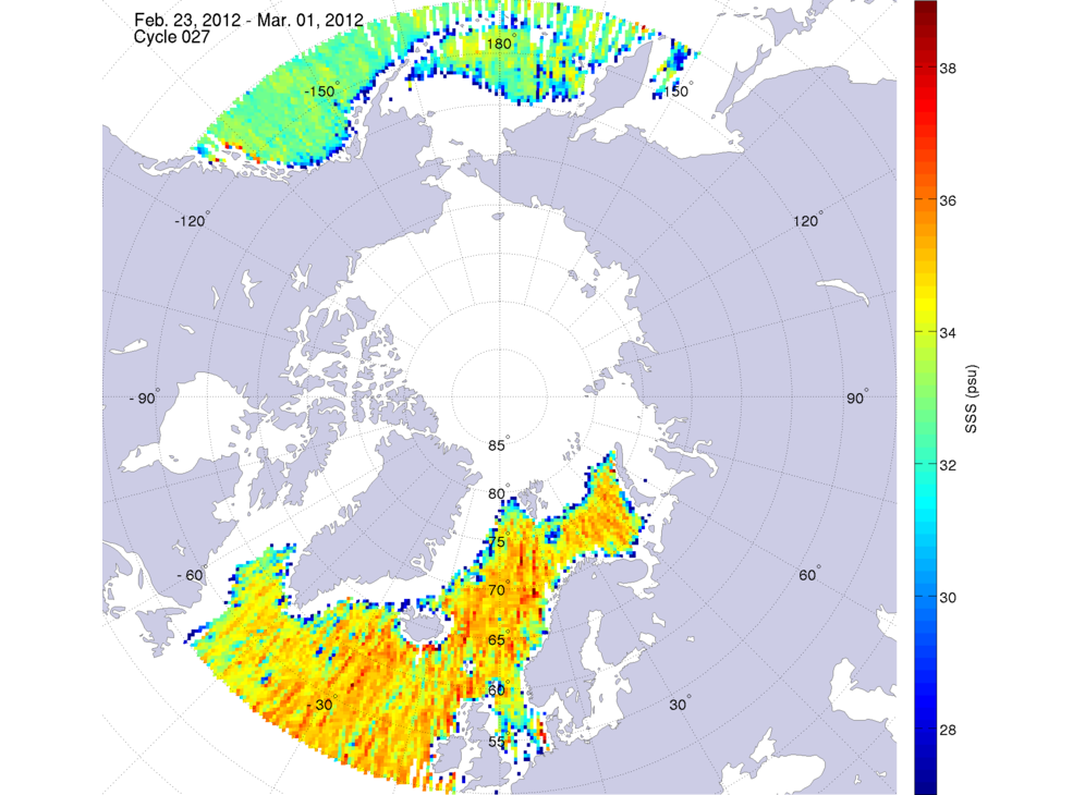 Sea surface salinity maps of the northern hemisphere ocean, week ofFebruary 23 - March 1, 2012.