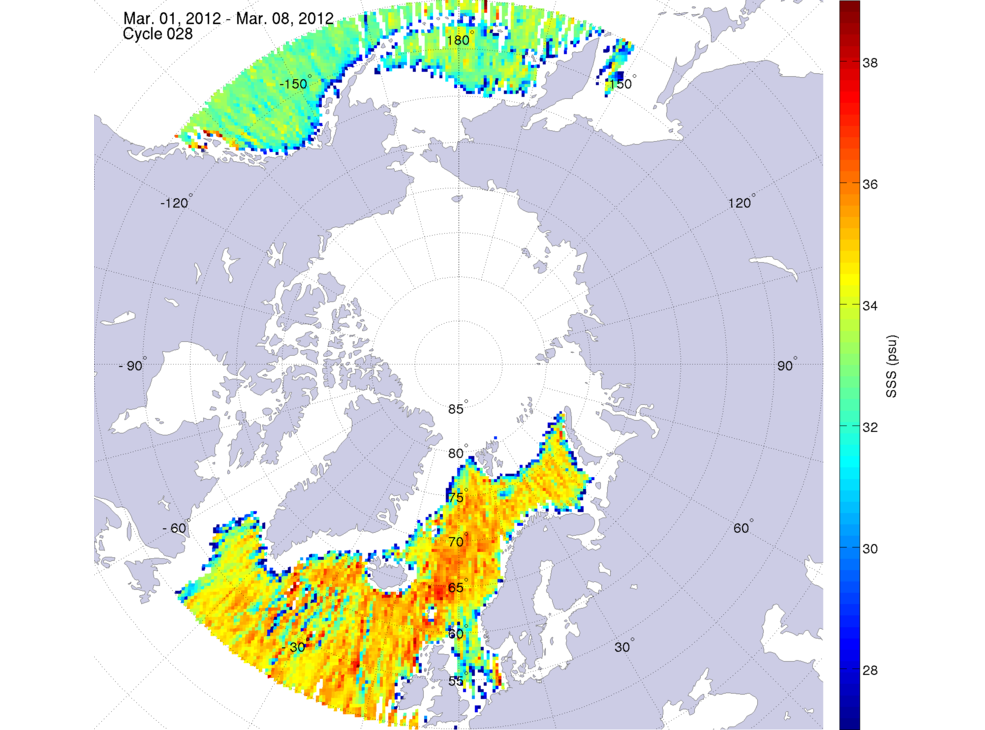 Sea surface salinity maps of the northern hemisphere ocean, week ofMarch 1-8, 2012.
