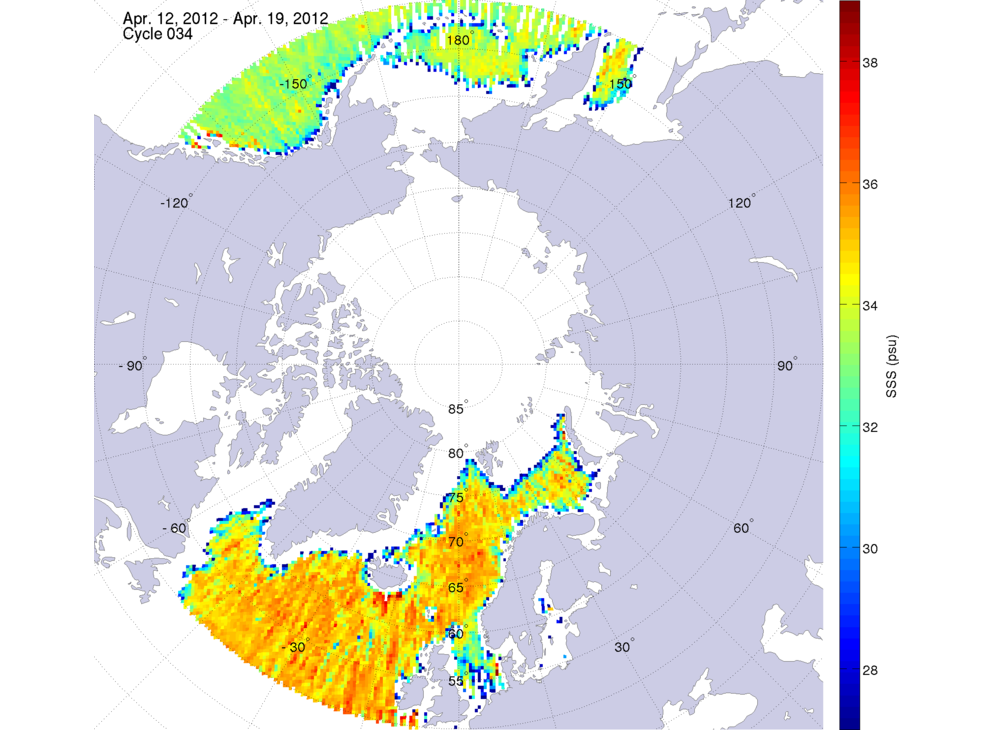 Sea surface salinity maps of the northern hemisphere ocean, week ofApril 12-19, 2012.