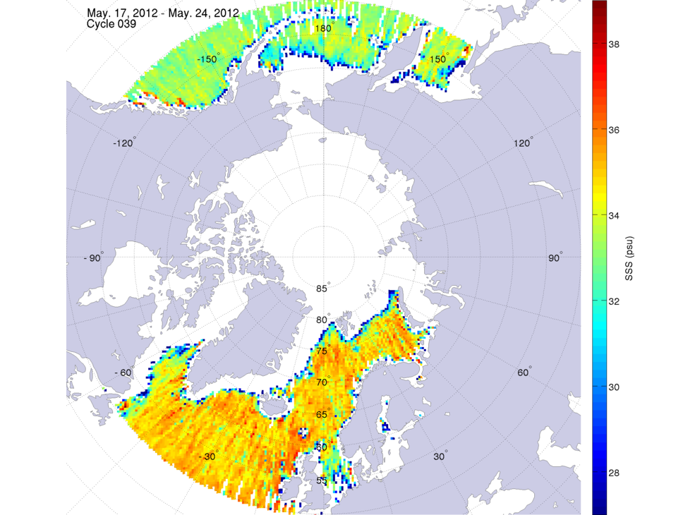 Sea surface salinity maps of the northern hemisphere ocean, week ofMay 17-24, 2012.