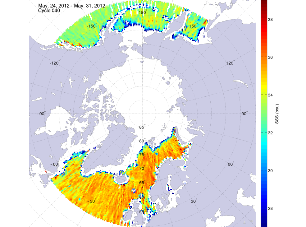 Sea surface salinity maps of the northern hemisphere ocean, week ofMay 24-31, 2012.