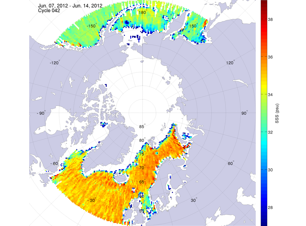 Sea surface salinity maps of the northern hemisphere ocean, week ofJune 7-14, 2012.
