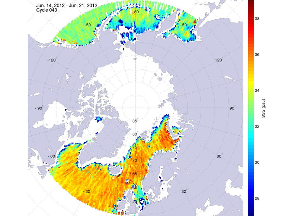 Sea surface salinity maps of the northern hemisphere ocean, week ofJune 14-21, 2012.