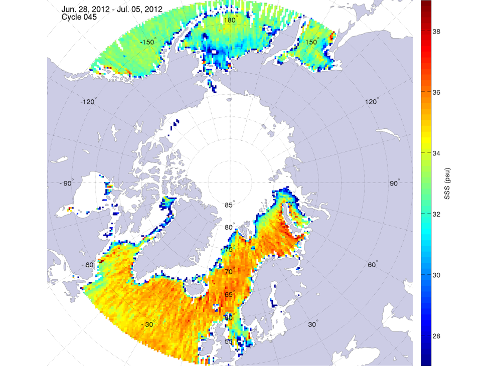 Sea surface salinity maps of the northern hemisphere ocean, week ofJune 28 - July 5, 2012.