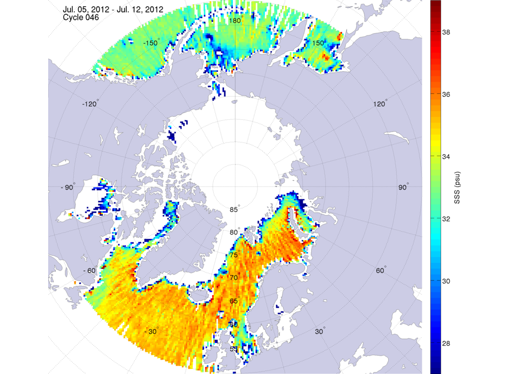 Sea surface salinity maps of the northern hemisphere ocean, week ofJuly 5-12, 2012.