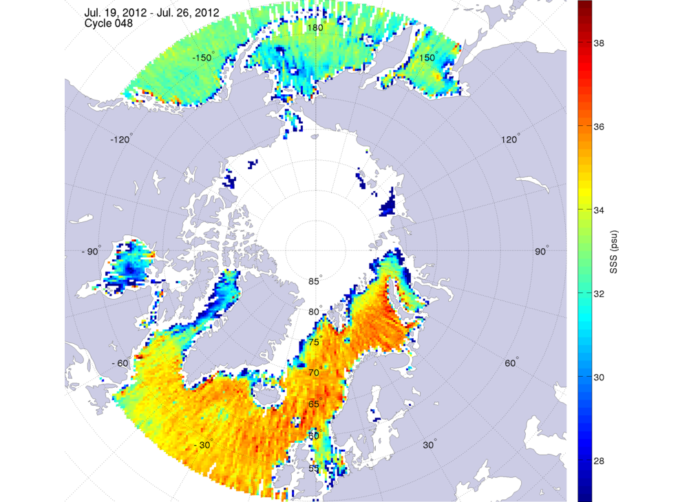 Sea surface salinity maps of the northern hemisphere ocean, week ofJuly 19-26, 2012.
