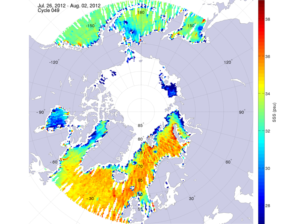Sea surface salinity maps of the northern hemisphere ocean, week ofJuly 26 - August 2, 2012.