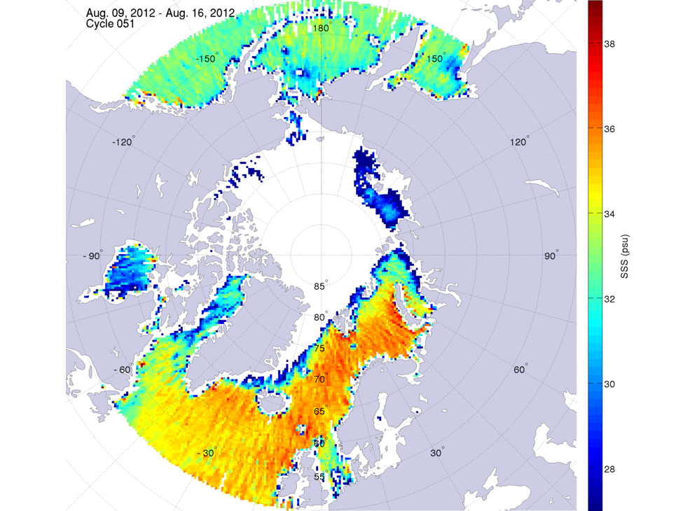Sea surface salinity maps of the northern hemisphere ocean, week ofAugust 9-16, 2012.