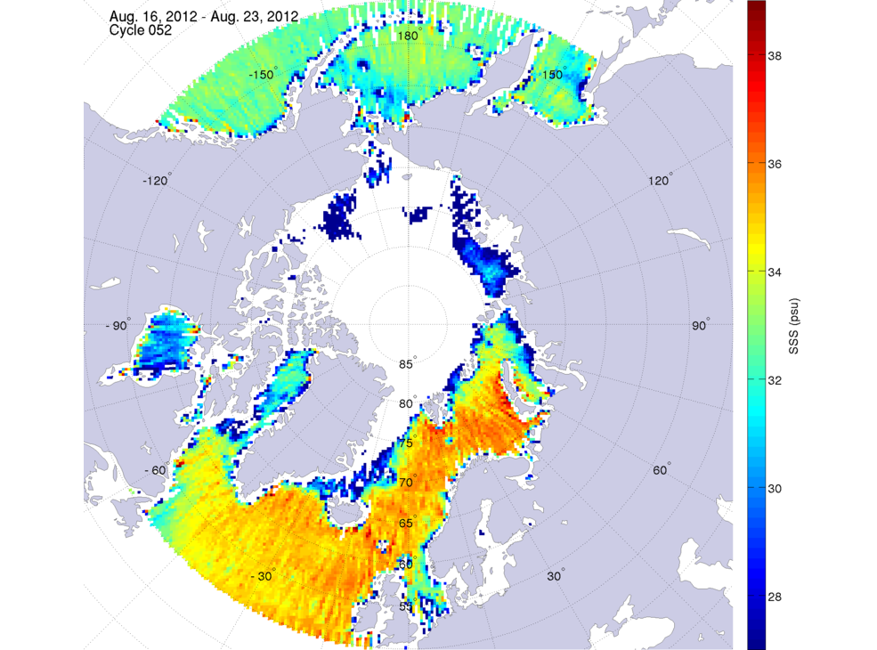 Sea surface salinity maps of the northern hemisphere ocean, week ofAugust 16-23, 2012.