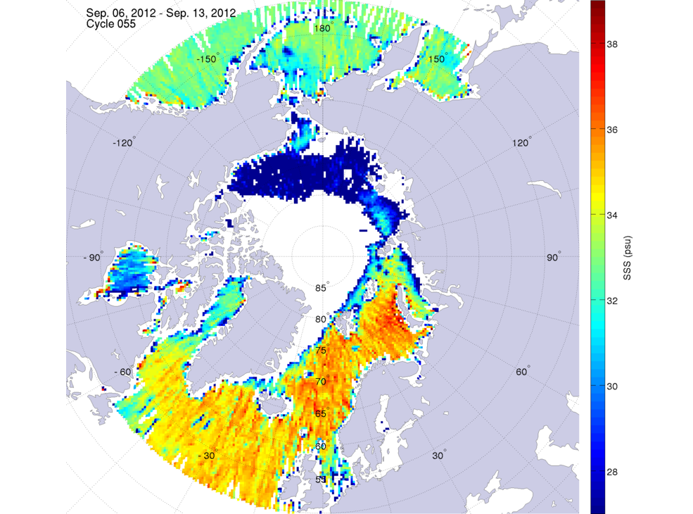 Sea surface salinity maps of the northern hemisphere ocean, week ofSeptember 6-13, 2012.