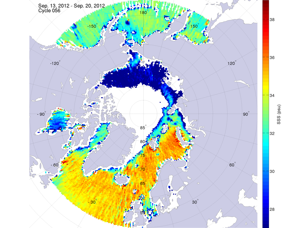 Sea surface salinity maps of the northern hemisphere ocean, week ofSeptember 13-20, 2012.