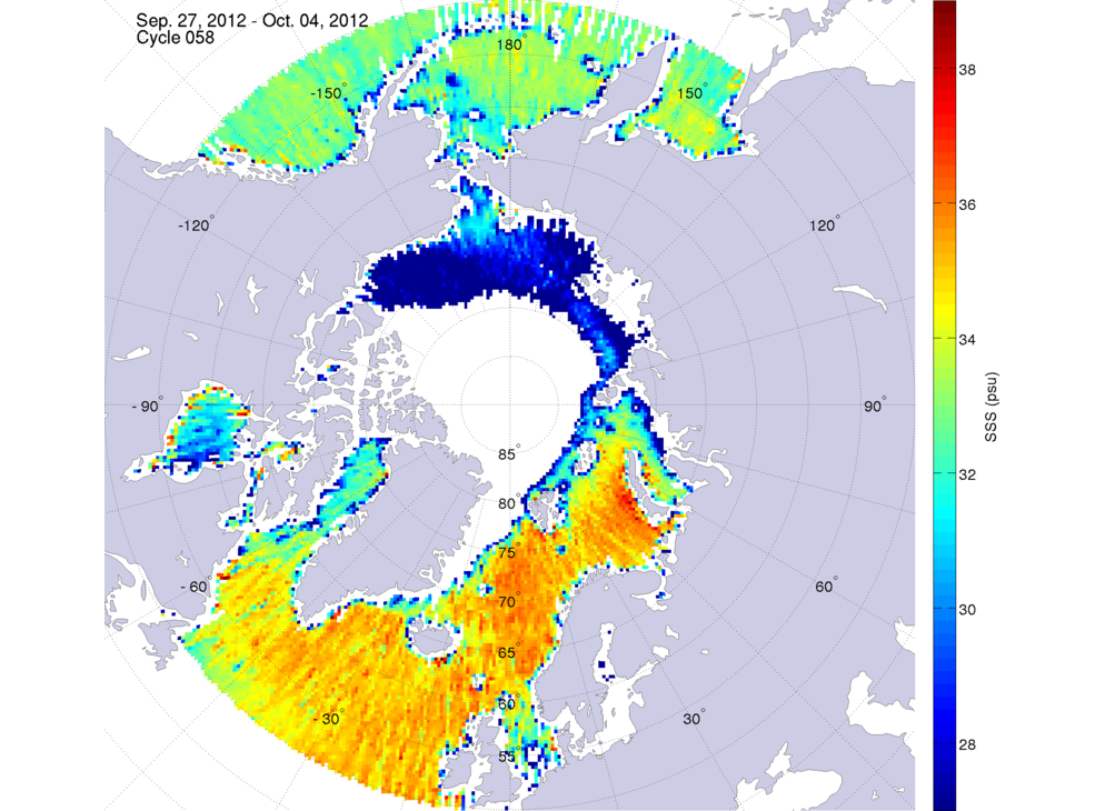 Sea surface salinity maps of the northern hemisphere ocean, week ofSeptember 27 - October 4, 2012.
