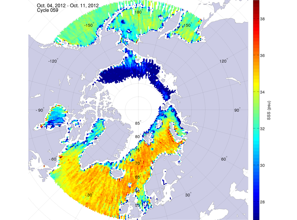 Sea surface salinity maps of the northern hemisphere ocean, week ofOctober 4-11, 2012.