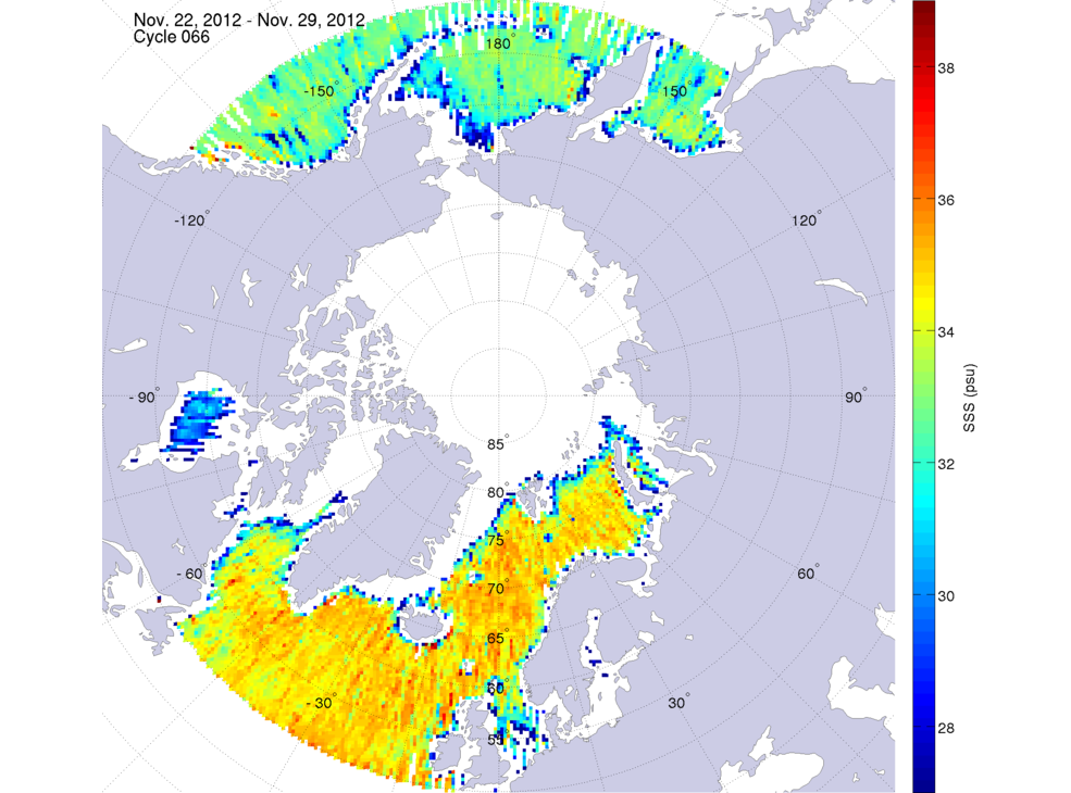 Sea surface salinity maps of the northern hemisphere ocean, week ofNovember 22-29, 2012.