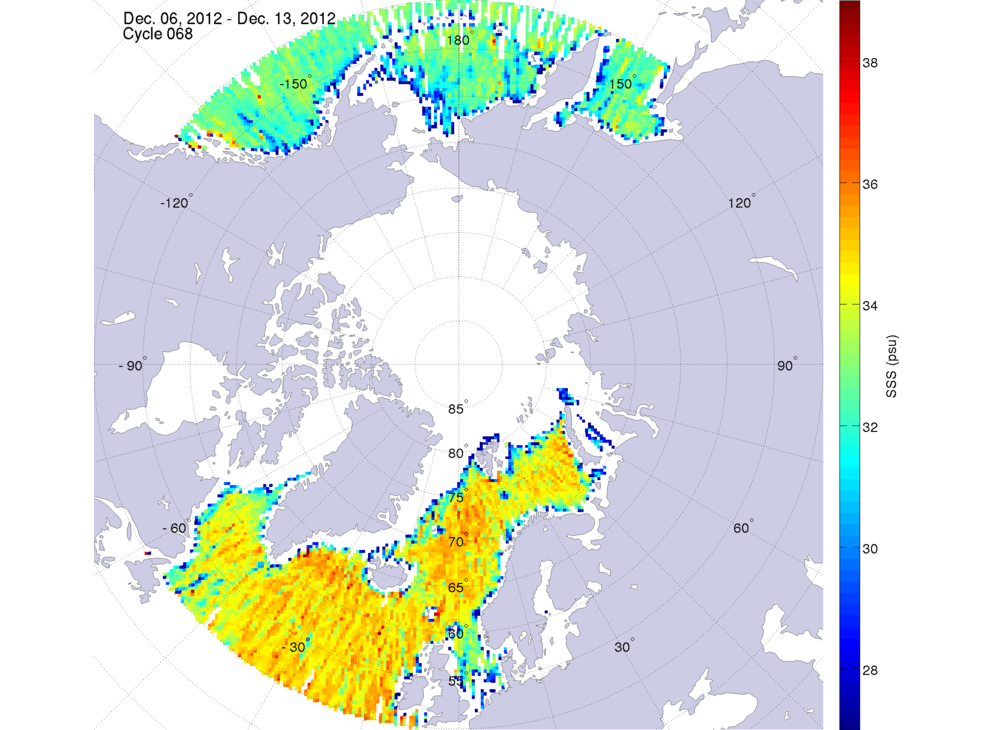 Sea surface salinity maps of the northern hemisphere ocean, week ofDecember 6-13, 2012.