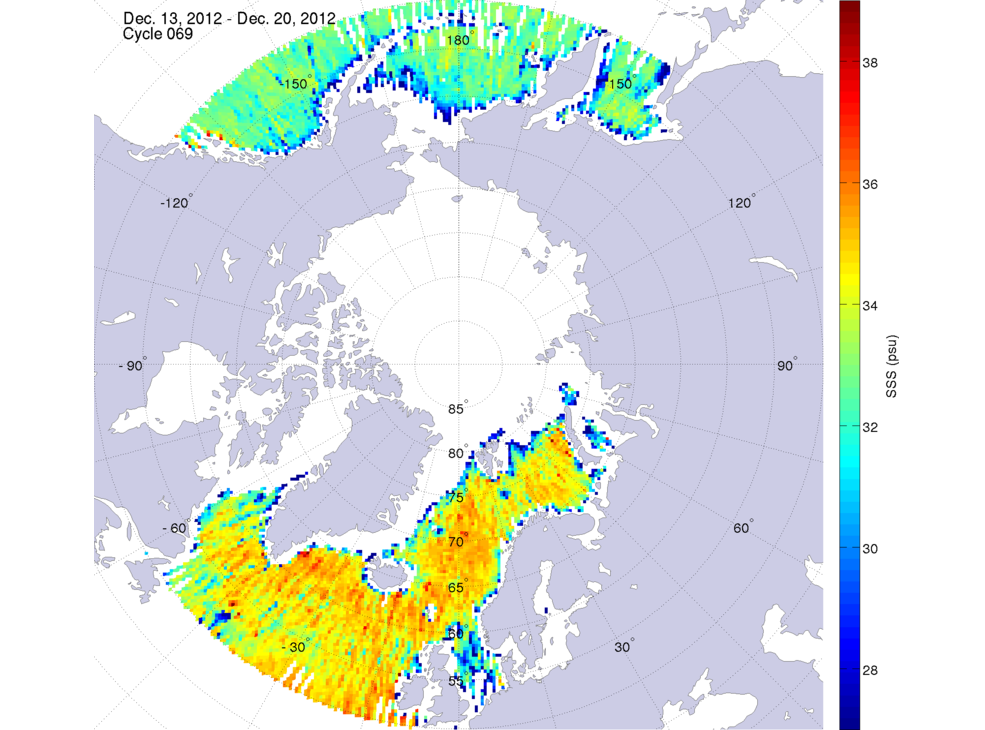 Sea surface salinity maps of the northern hemisphere ocean, week ofDecember 13-20, 2012.