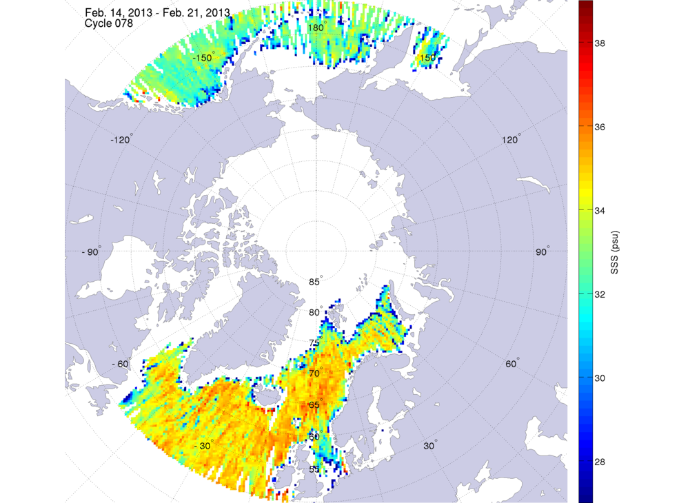 Sea surface salinity maps of the northern hemisphere ocean, week ofFebruary 14-21, 2013.