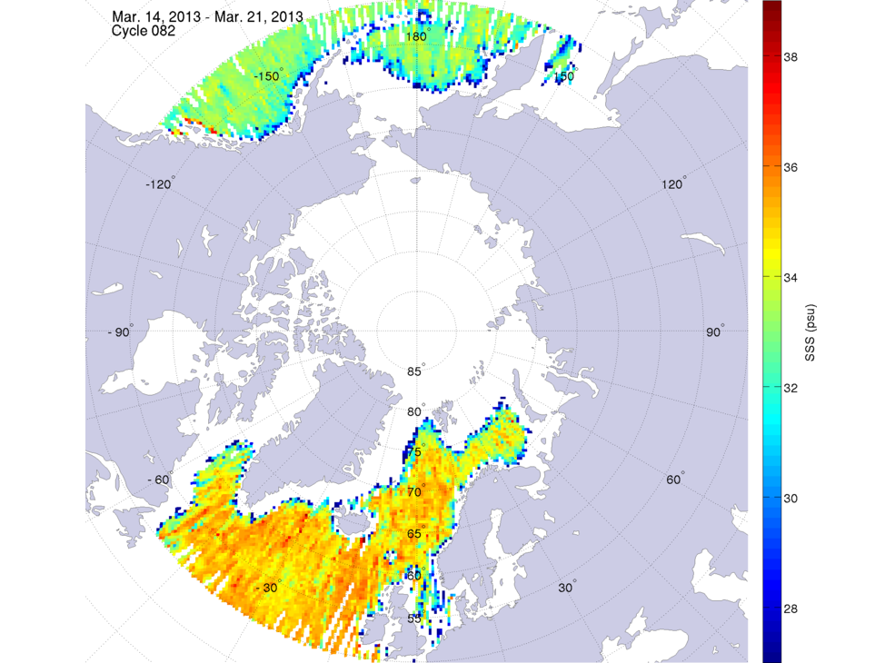 Sea surface salinity maps of the northern hemisphere ocean, week ofMarch 14-21, 2013.