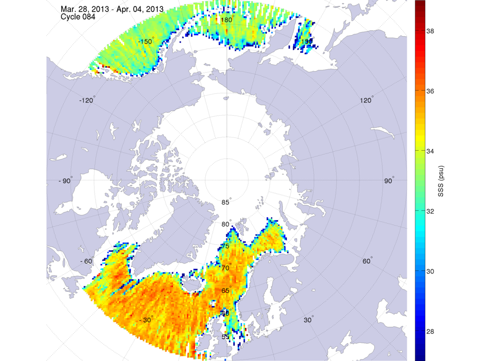 Sea surface salinity maps of the northern hemisphere ocean, week ofMarch 28 - April 4, 2013.