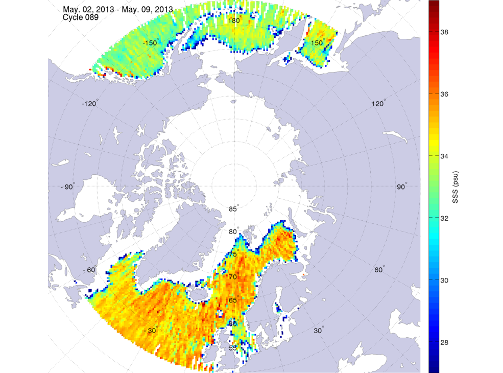 Sea surface salinity maps of the northern hemisphere ocean, week ofMay 2-9, 2013.