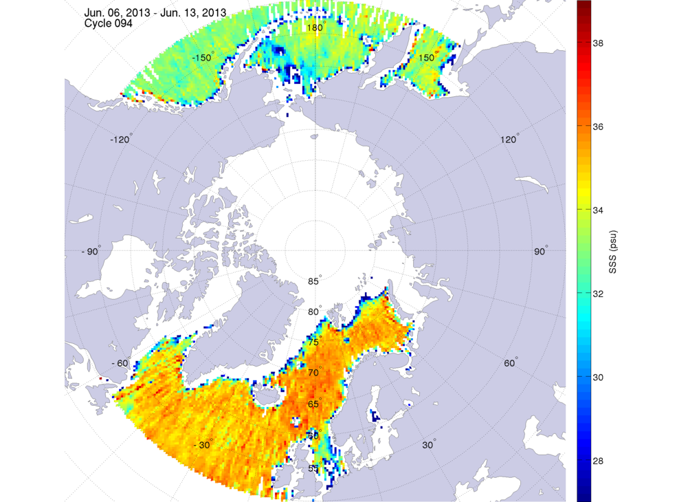 Sea surface salinity maps of the northern hemisphere ocean, week ofJune 6-13, 2013.