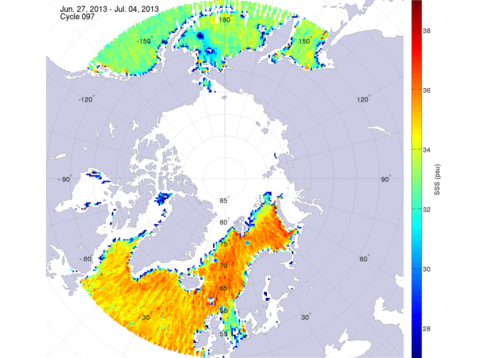 Sea surface salinity maps of the northern hemisphere ocean, week ofJune 27 - July 4, 2013.
