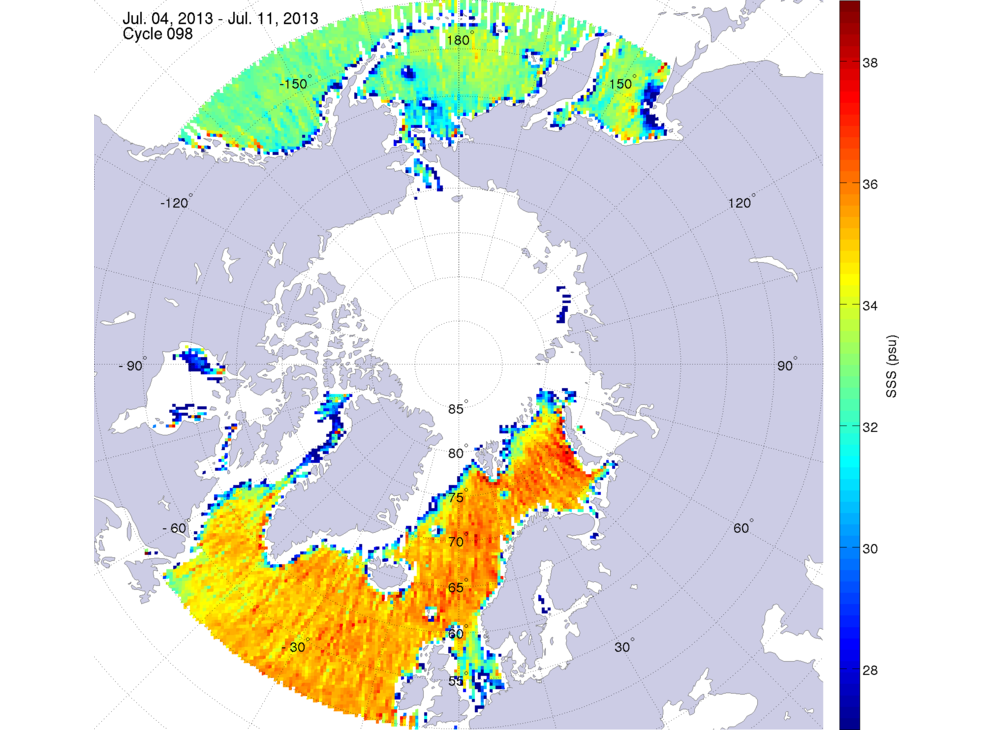 Sea surface salinity maps of the northern hemisphere ocean, week ofJuly 4-11, 2013.