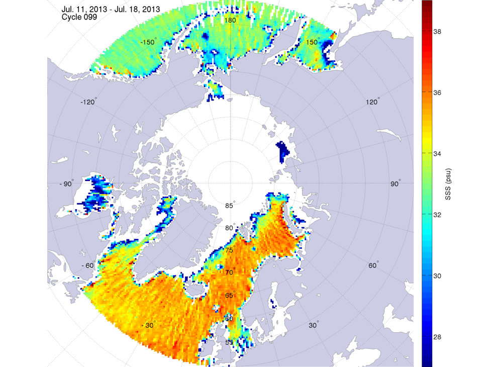 Sea surface salinity maps of the northern hemisphere ocean, week ofJuly 11-18, 2013.