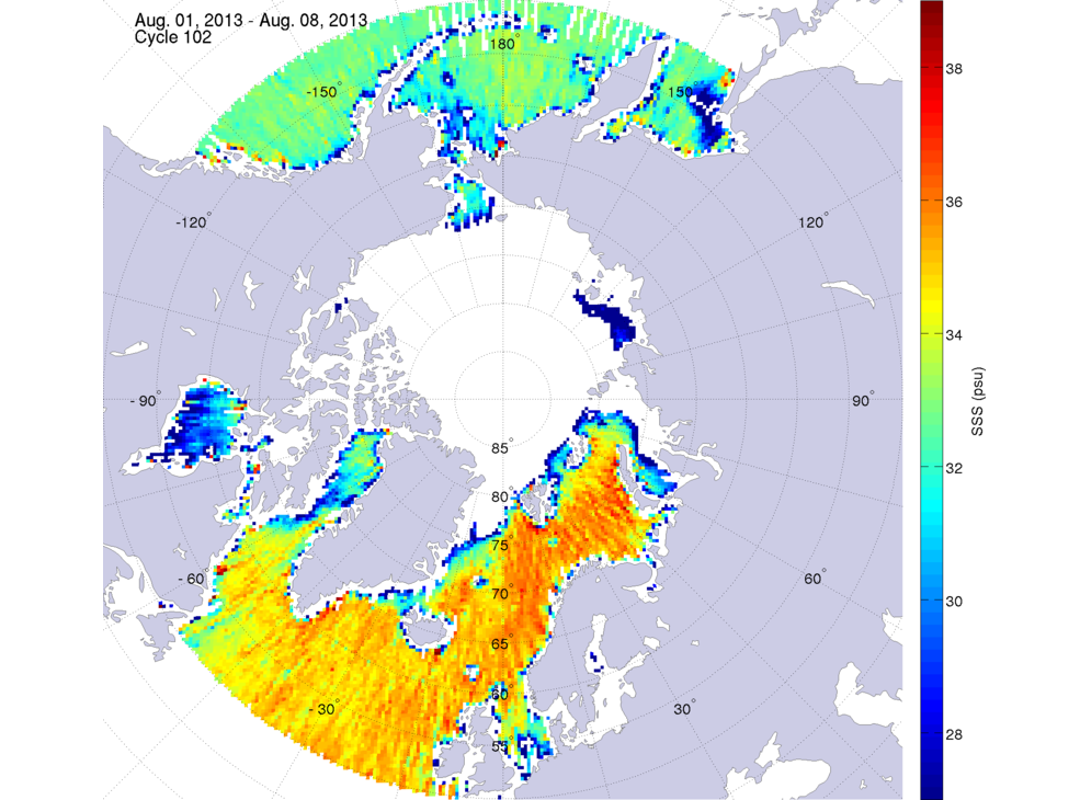 Sea surface salinity maps of the northern hemisphere ocean, week ofAugust 1-8, 2013.