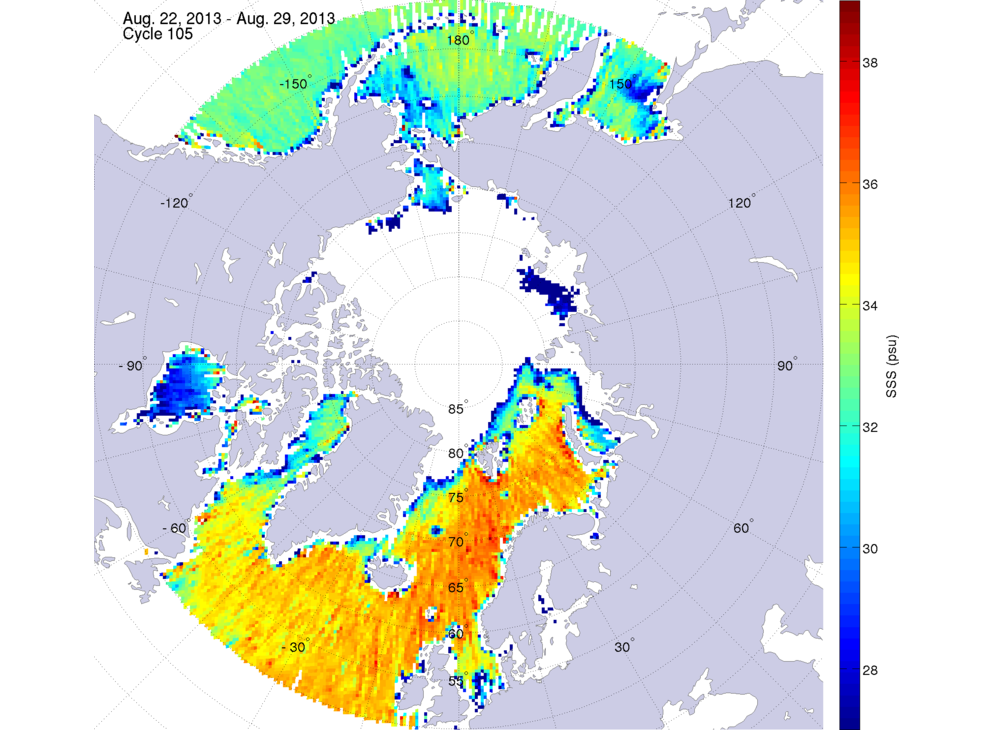 Sea surface salinity maps of the northern hemisphere ocean, week ofAugust 22-29, 2013.
