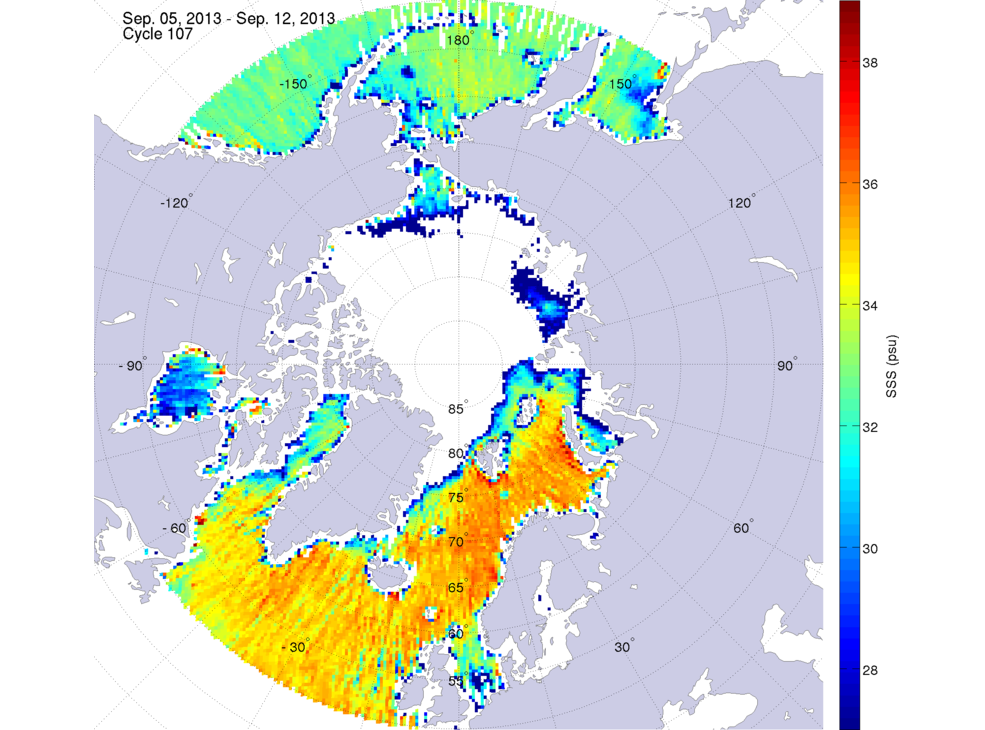 Sea surface salinity maps of the northern hemisphere ocean, week ofSeptember 5-12, 2013.