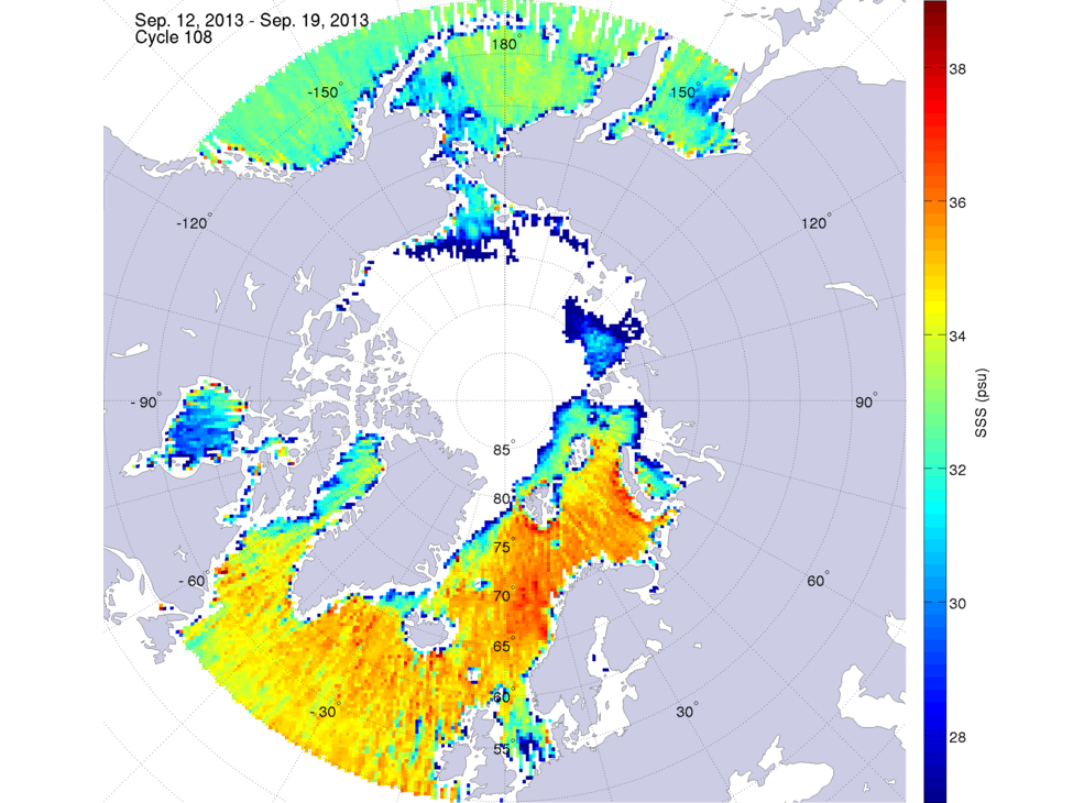 Sea surface salinity maps of the northern hemisphere ocean, week ofSeptember 12-19, 2013.