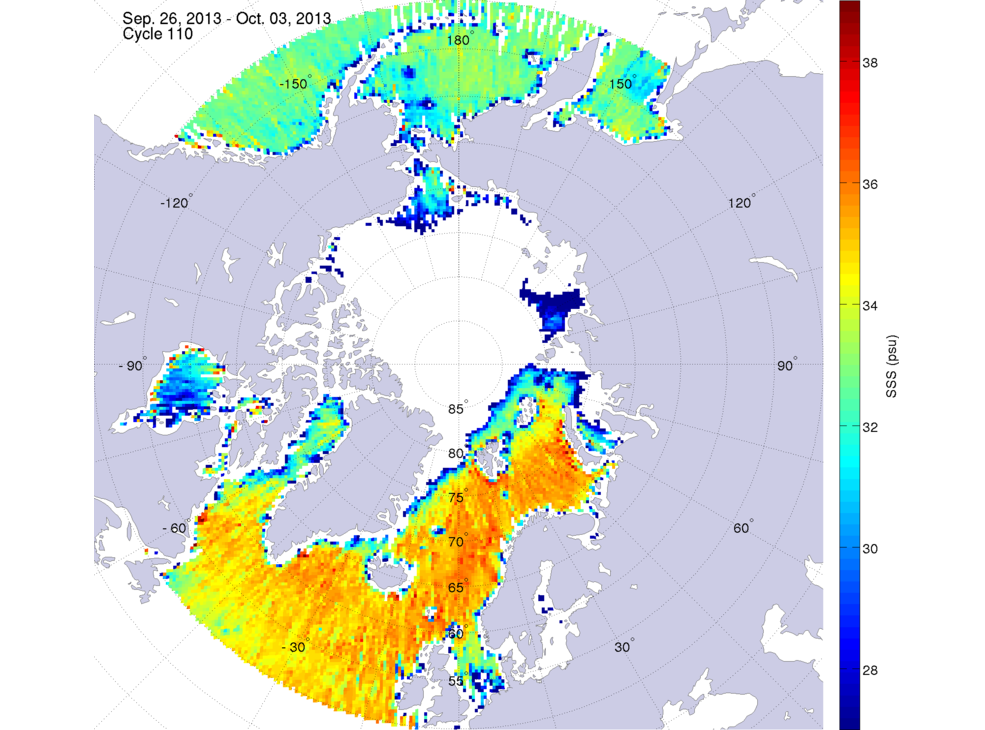 Sea surface salinity maps of the northern hemisphere ocean, week ofSeptember 26 - October 3, 2013.