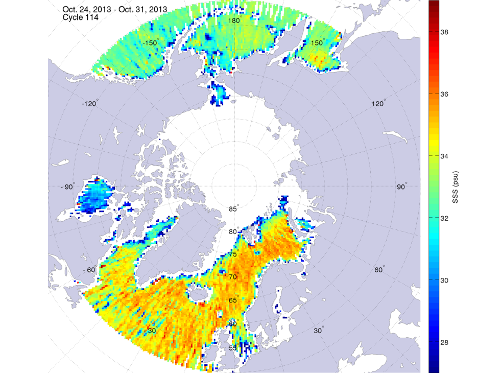 Sea surface salinity maps of the northern hemisphere ocean, week ofOctober 24-31, 2013.