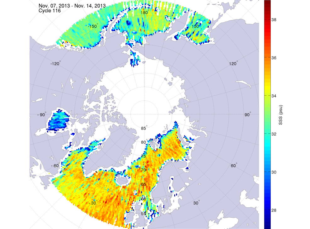 Sea surface salinity maps of the northern hemisphere ocean, week ofNovember 7-14, 2013.