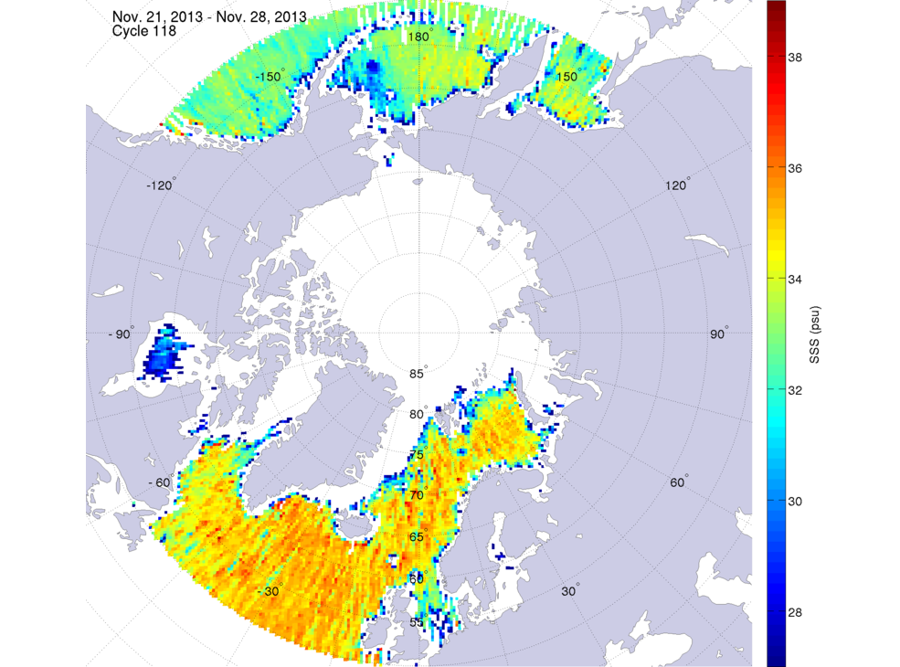Sea surface salinity maps of the northern hemisphere ocean, week ofNovember 21-28, 2013.