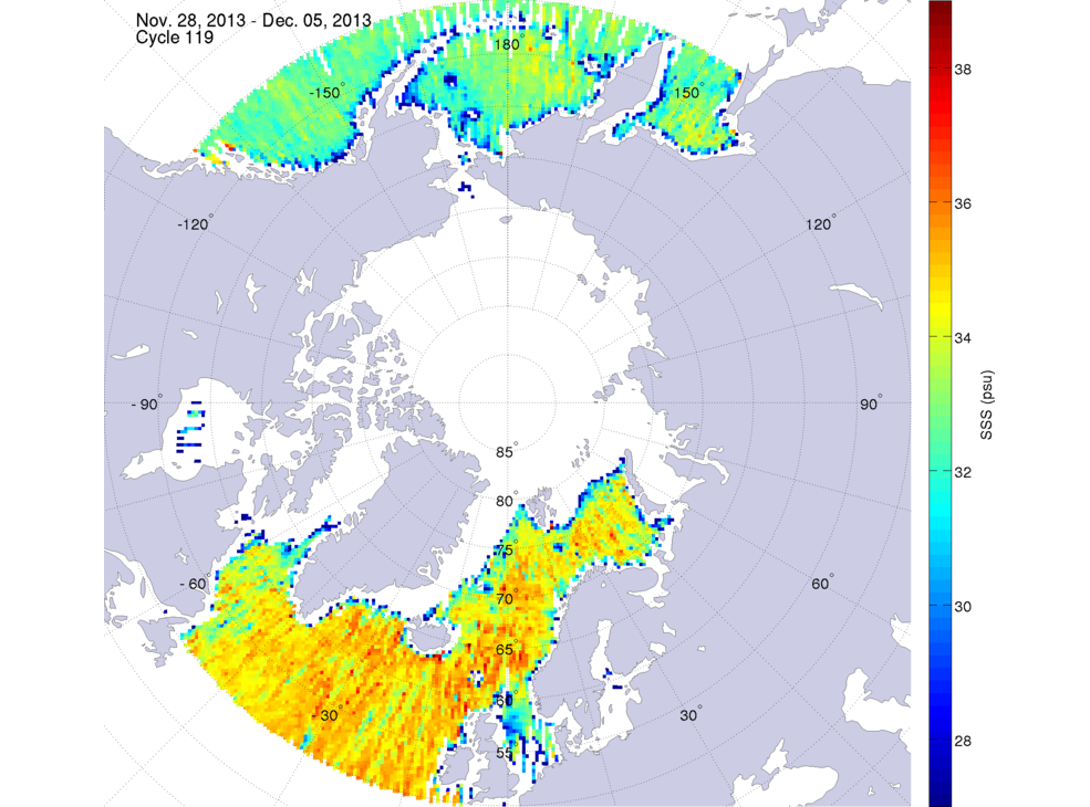 Sea surface salinity maps of the northern hemisphere ocean, week ofNovember 28 - December 5, 2013.
