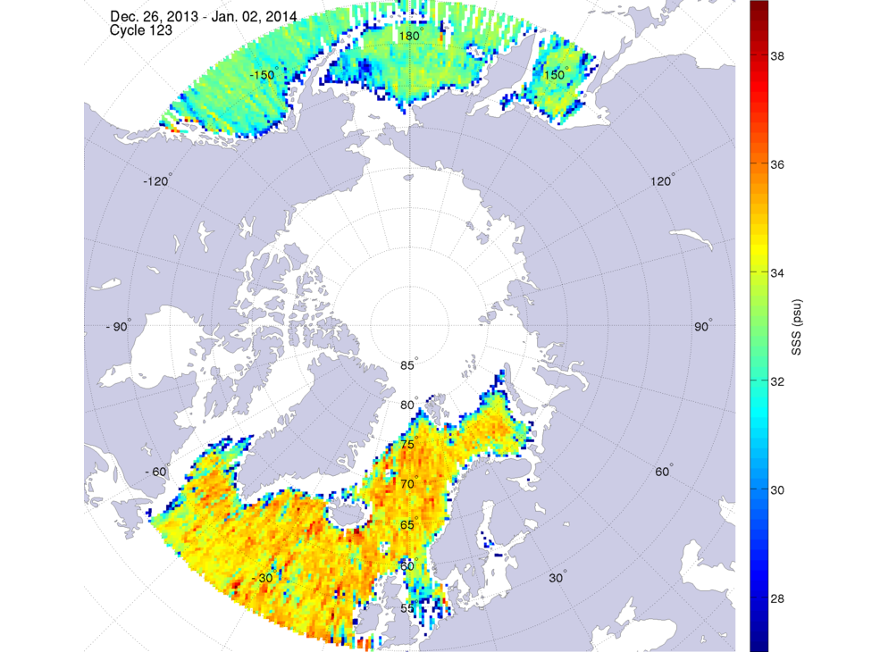Sea surface salinity maps of the northern hemisphere ocean, week ofDecember 26, 2013 - January 2, 2014.