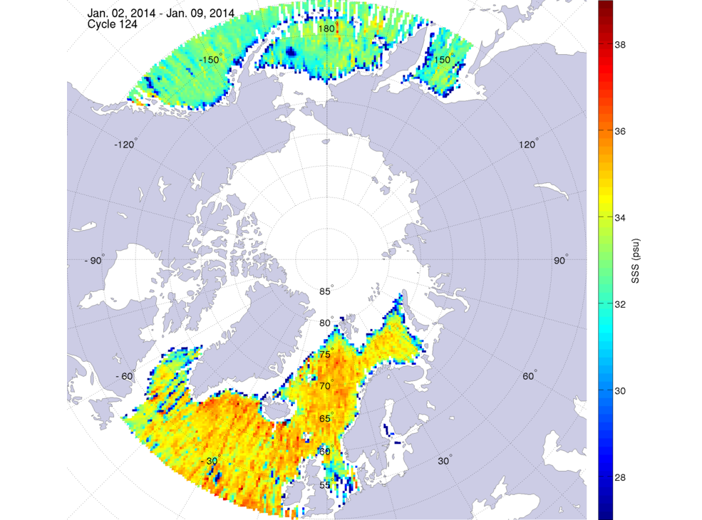 Sea surface salinity maps of the northern hemisphere ocean, week ofJanuary 2-9, 2014.