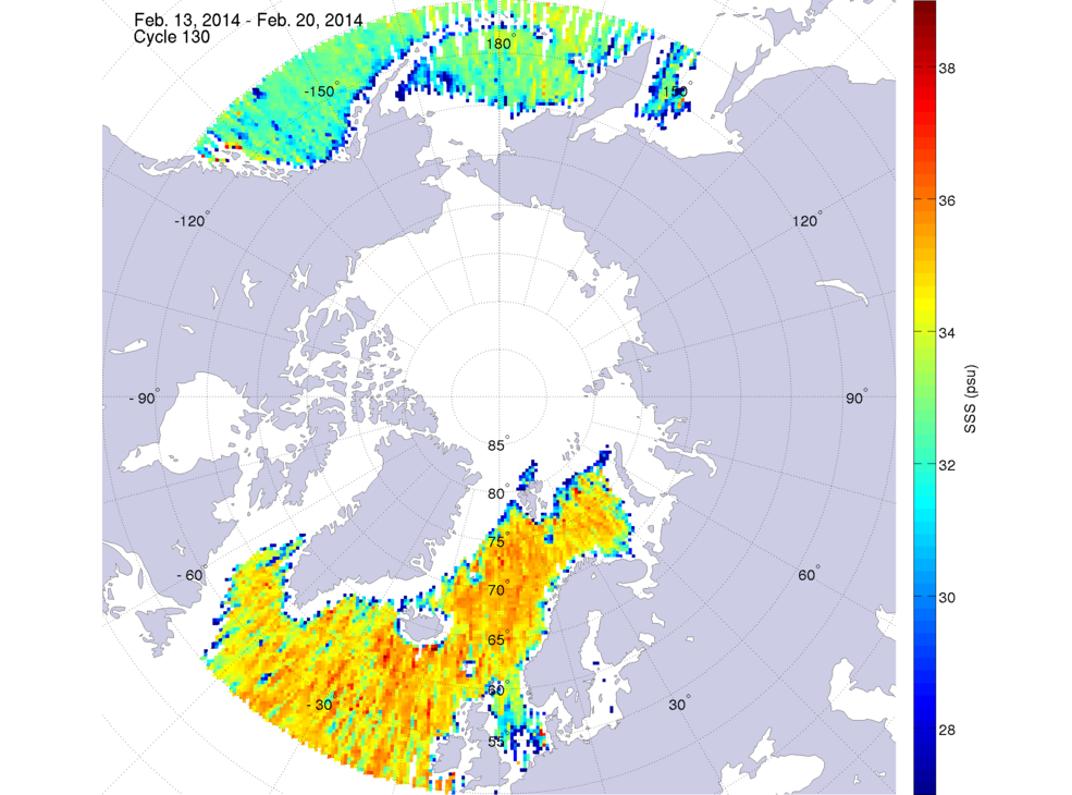Sea surface salinity maps of the northern hemisphere ocean, week ofFebruary 13-20, 2014.