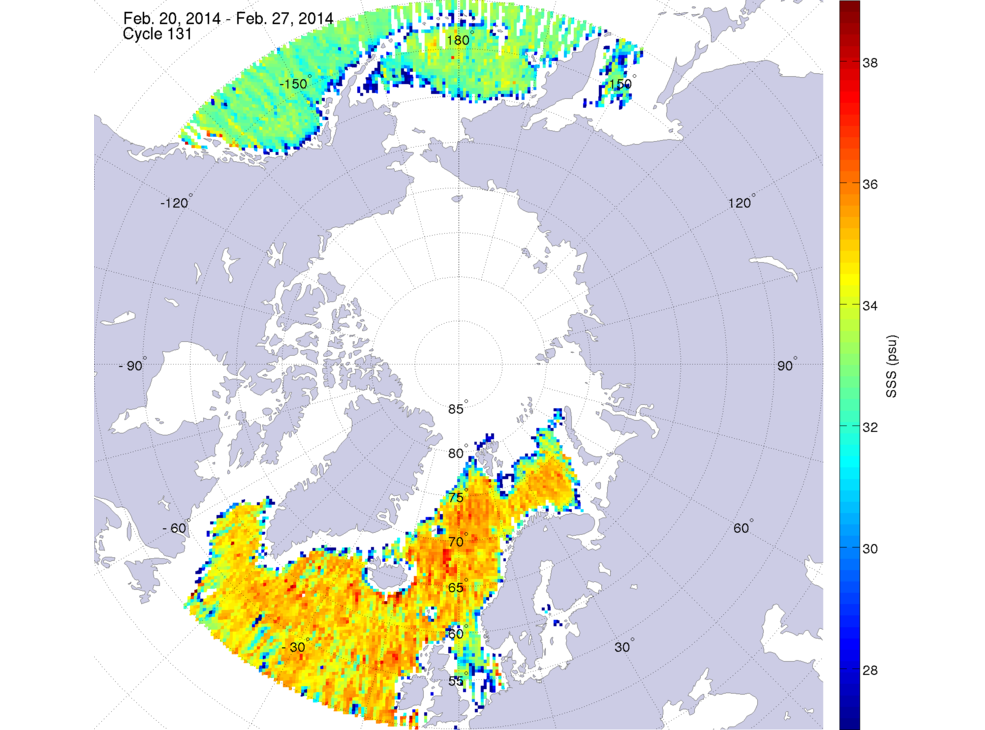 Sea surface salinity maps of the northern hemisphere ocean, week ofFebruary 20-27, 2014.