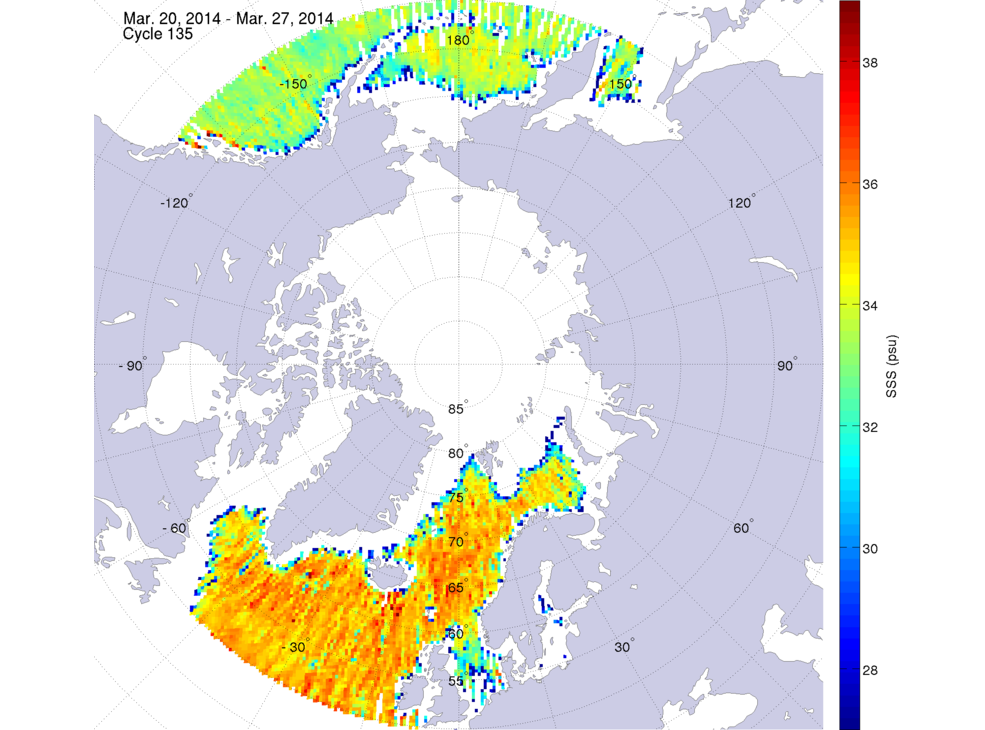 Sea surface salinity maps of the northern hemisphere ocean, week ofMarch 20-27, 2014.