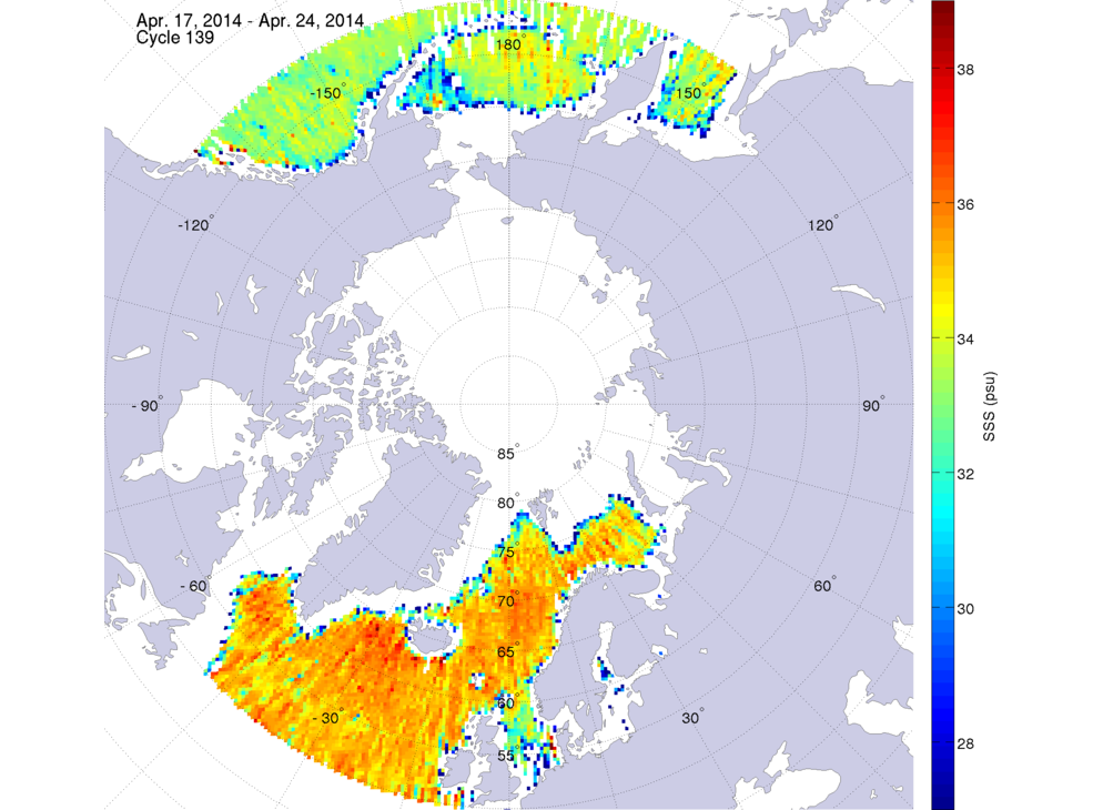 Sea surface salinity maps of the northern hemisphere ocean, week ofApril 17-24, 2014.