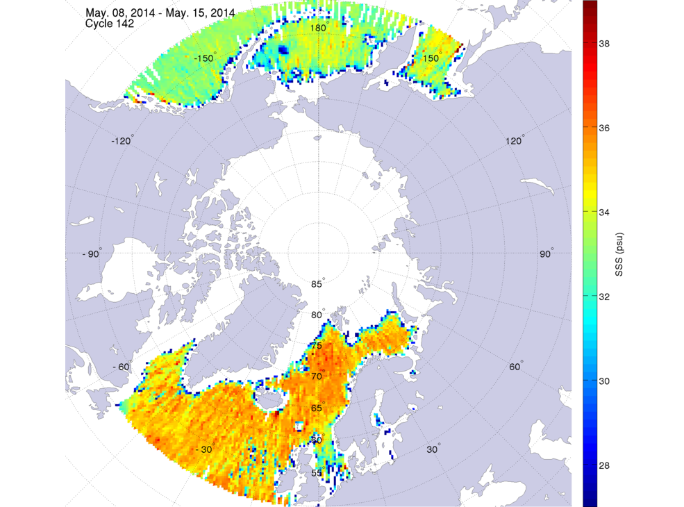 Sea surface salinity maps of the northern hemisphere ocean, week ofMay 8-15, 2014.