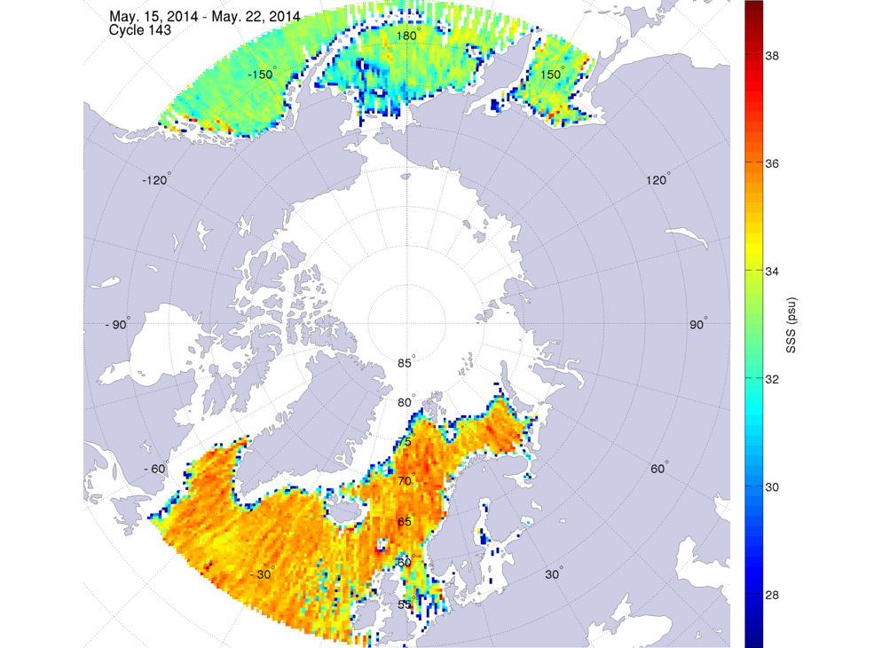 Sea surface salinity maps of the northern hemisphere ocean, week ofMay 15-22, 2014.