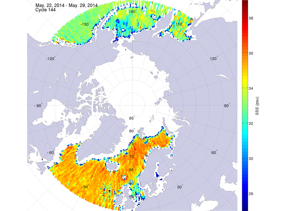 Sea surface salinity maps of the northern hemisphere ocean, week ofMay 22-29, 2014.