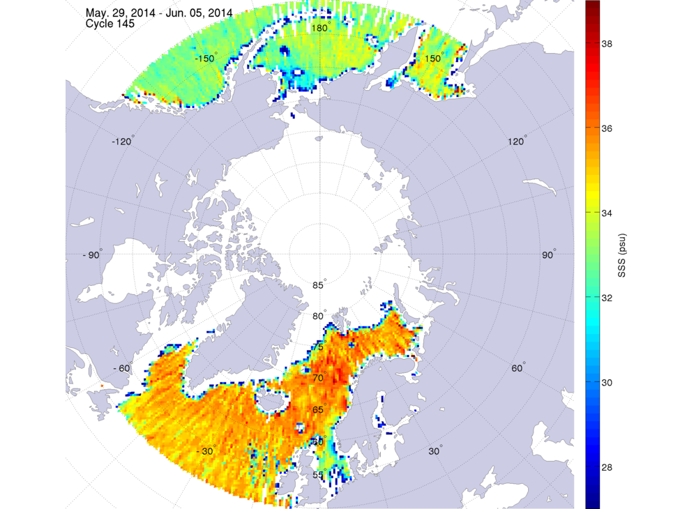 Sea surface salinity maps of the northern hemisphere ocean, week ofMay 29 - June 5, 2014.