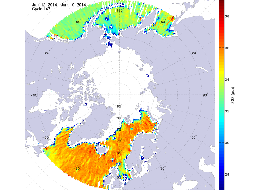 Sea surface salinity maps of the northern hemisphere ocean, week ofJune 12-19, 2014.